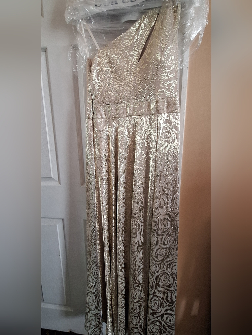 One-Shoulder Cream Brocade Evening Gown - Picture 5 of 10